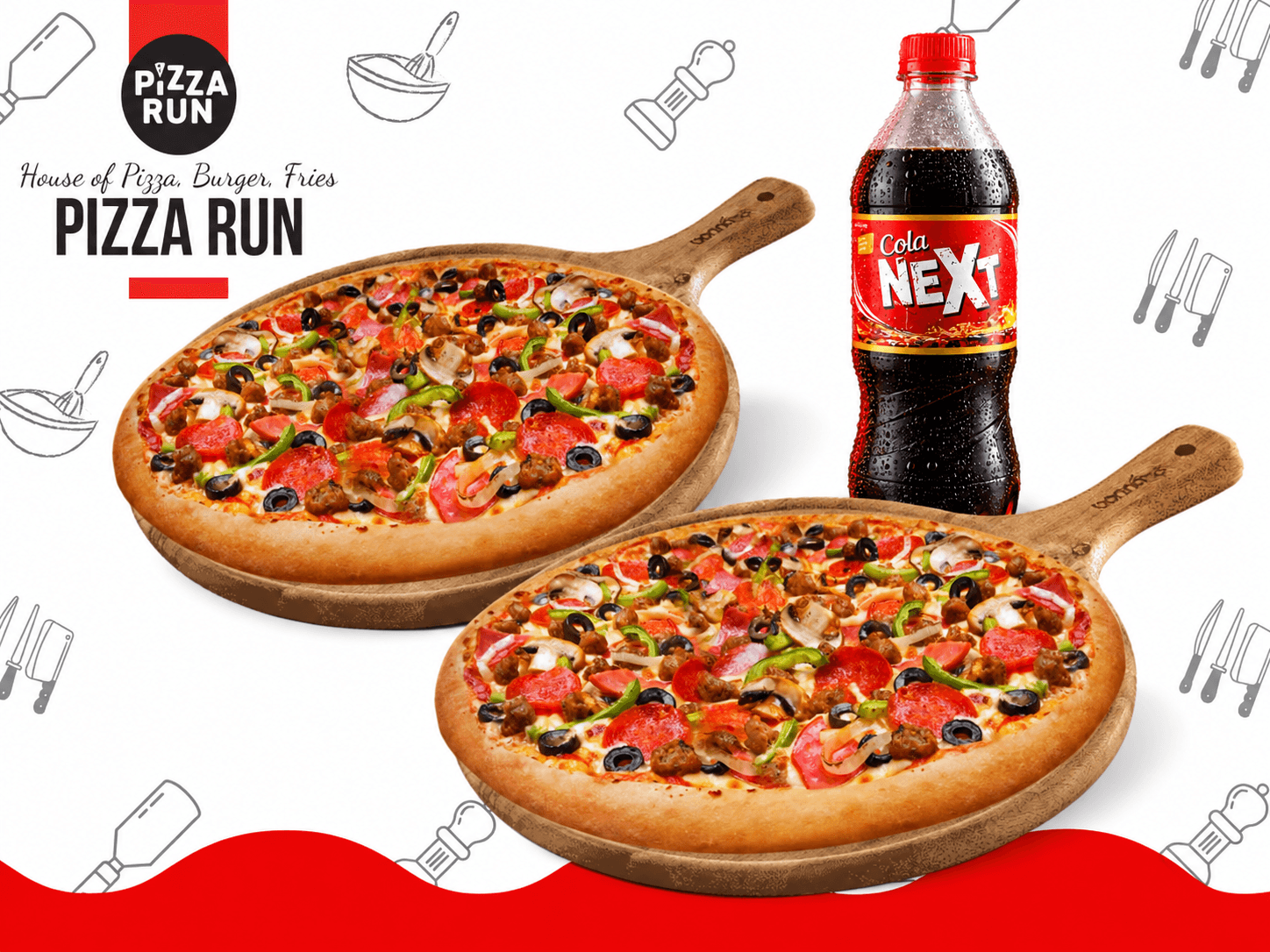 2 Regular Pizzas + 1 Liter Drink from Pizza Run Fast Food Karachi