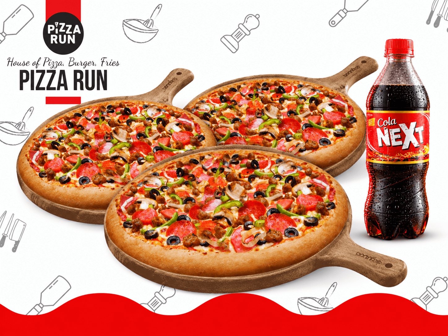 3 Large Pizzas + 1 Liter Drink from Pizza Run Fast Food Karachi