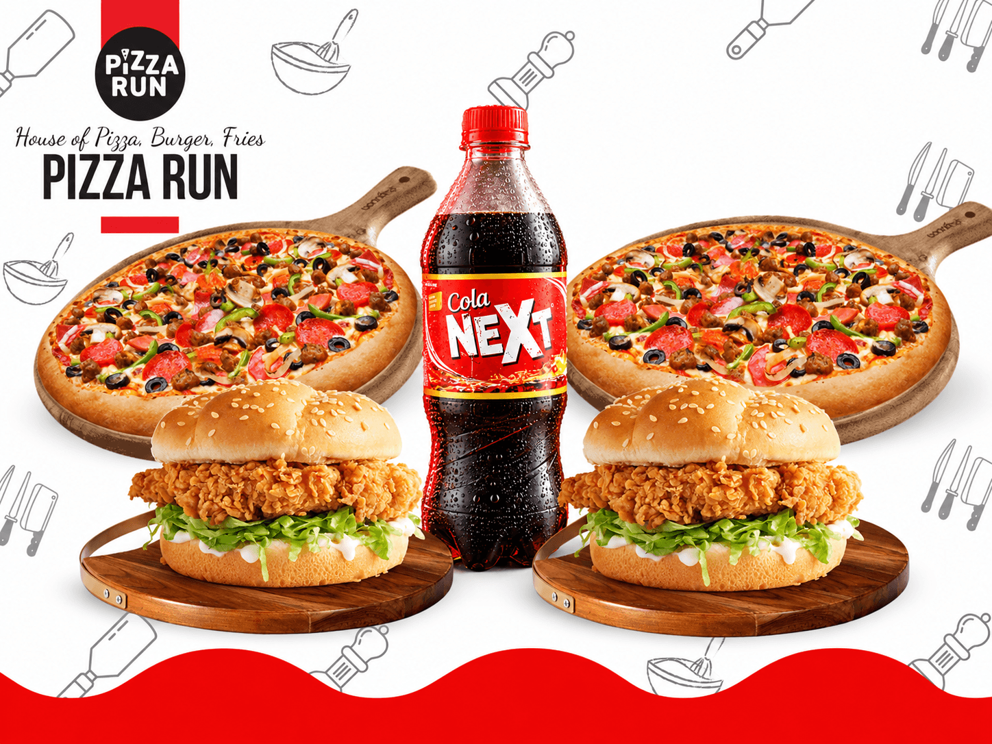 2 Small Pizzas + 2 Zingers + 1 Liter Drink from Pizza Run Fast Food Karachi